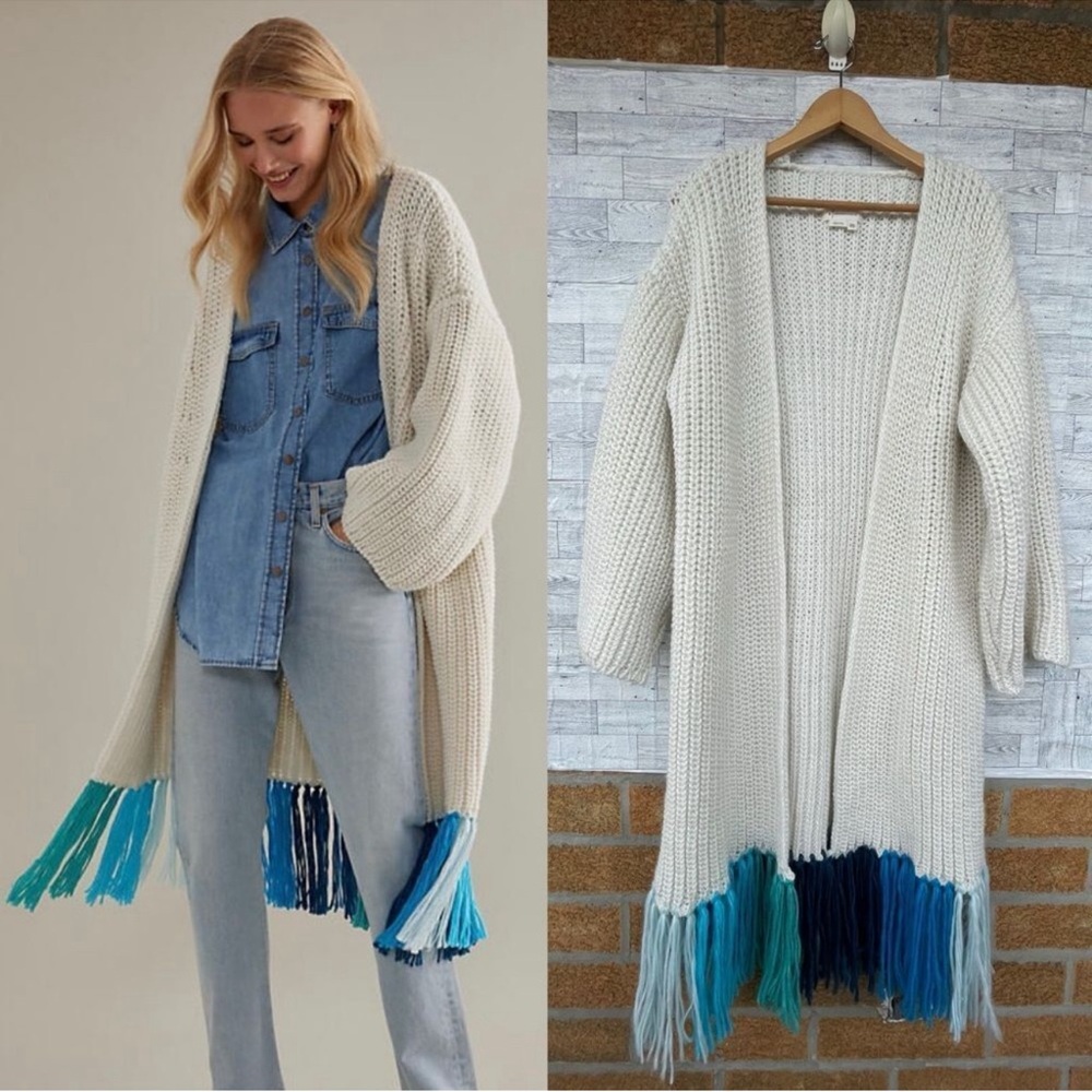 Brand new with tags Anthropologie One Size long Sweater Blue Fringe